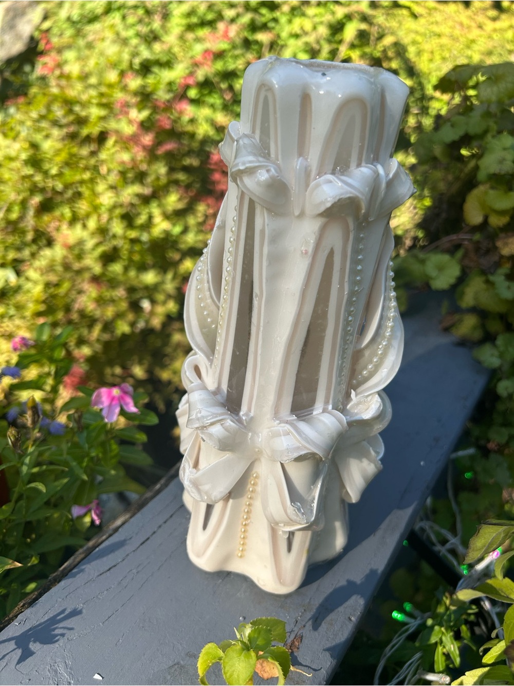 Vintage Decorative Carved Ribbon Pillar Candle - Cream